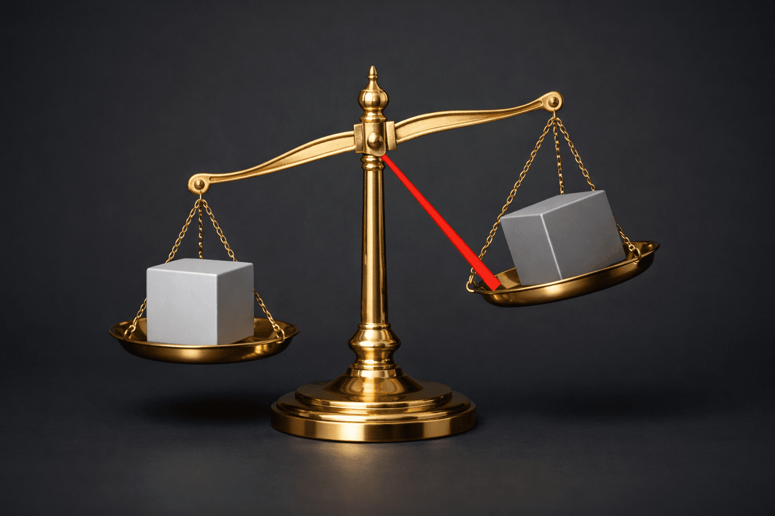 A brass balance scale tipping hard although both blocks are the same size