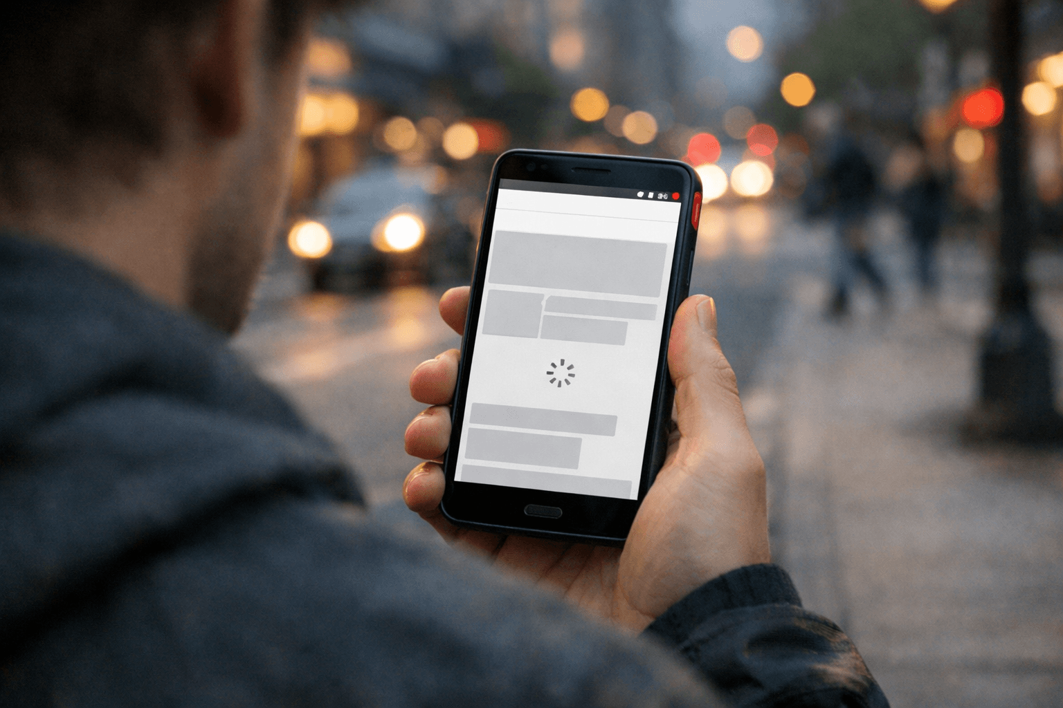A hand holding a mid-range phone on a street while the page is still loading