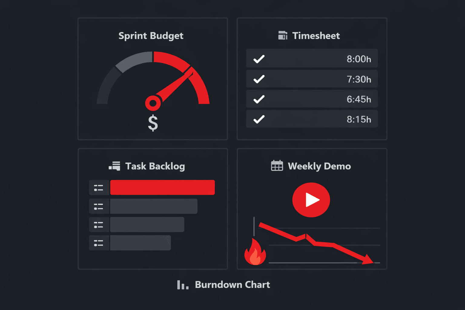 A time and material project control dashboard: capped sprint budget, audit-ready timesheets, a live backlog, weekly demos and a burn-down chart