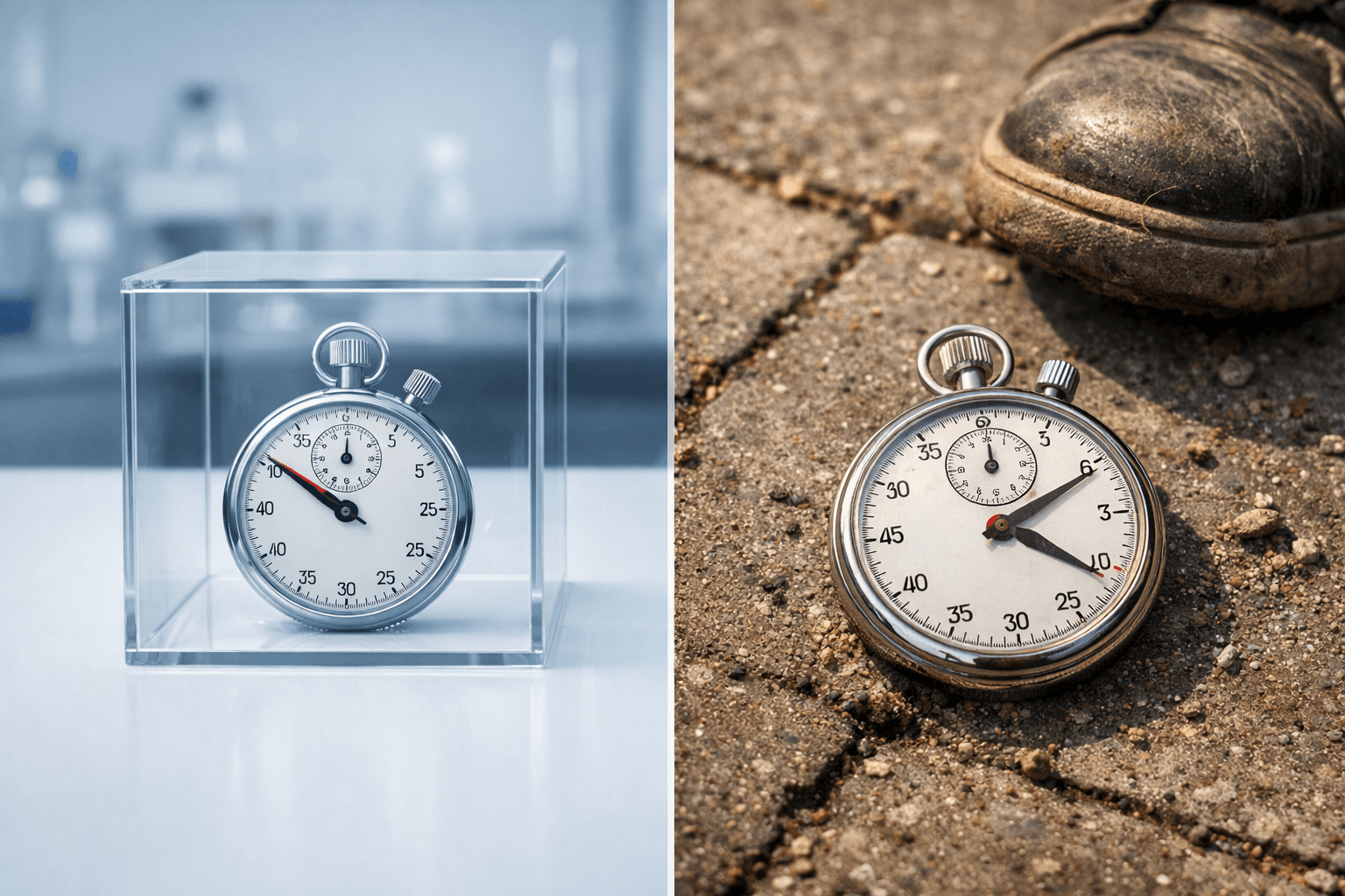 Two identical stopwatches, one in a laboratory case and one on the pavement, reading different times